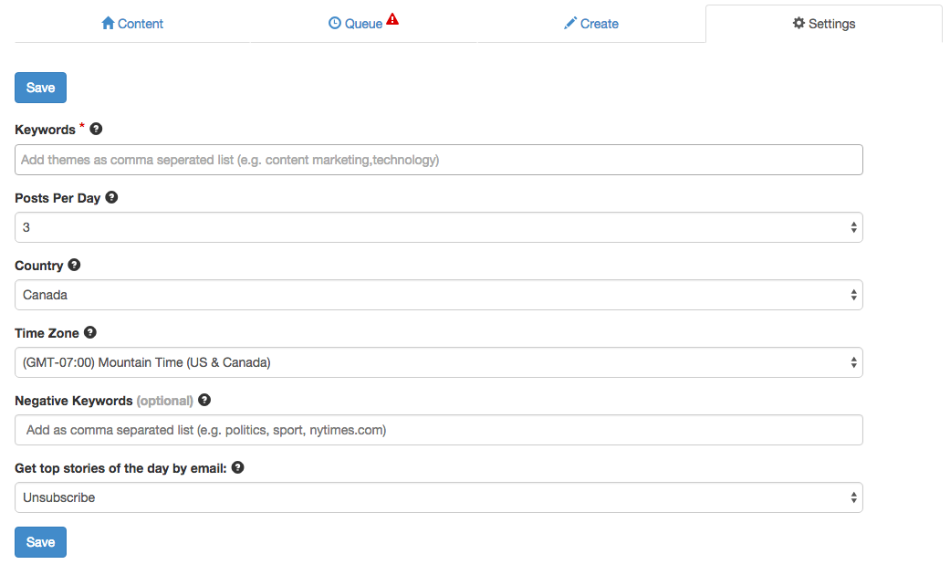 screenshot of drumup settings